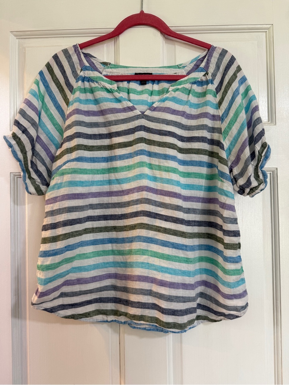 100% Linen Talbots Striped V‑Neck Short Sleeve Top in Teal, Blue, Purple & White